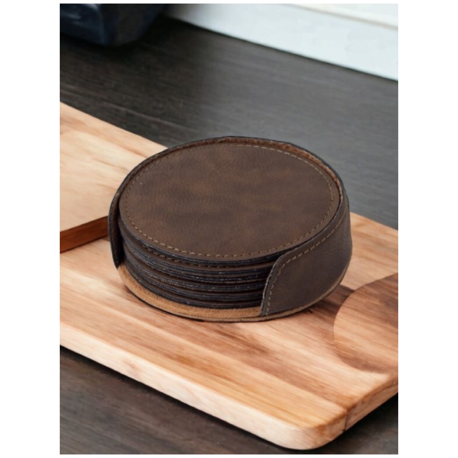 Bay Brown Round Leatherette Coaster Set