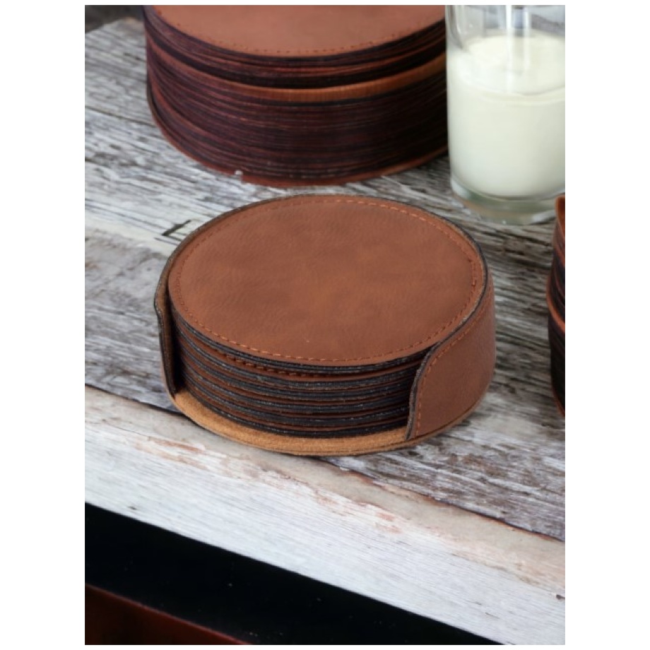 Chestnut Round Leatherette Coaster Set