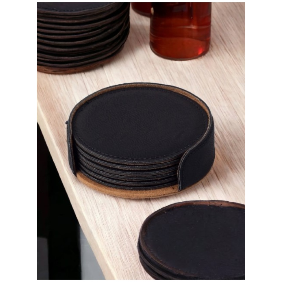 Black Round Leatherette Coaster Set